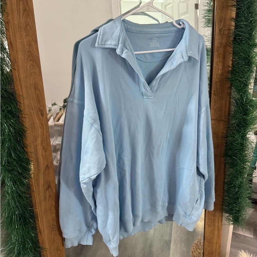 AERIE Happy Henley Everyday Polo Oversized Pullover Sweatshirt- Baby Blue - Picture 2 of 4